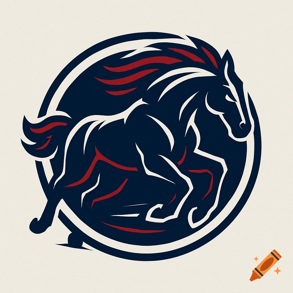A stylized tri-color sports logo featuring a dark blue, white, and red running horse inside a circle.