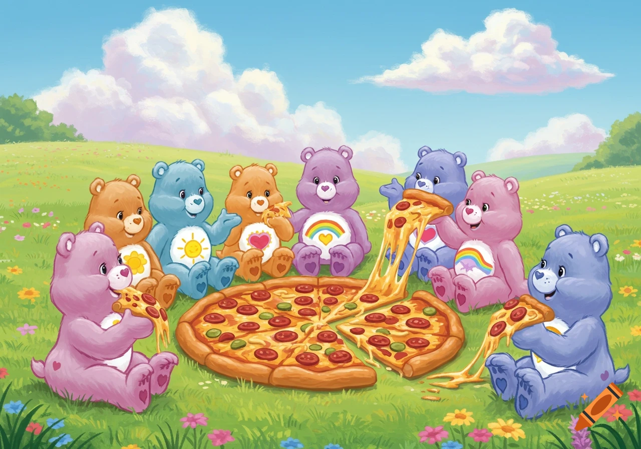 A cartoon illustration of several colorful Care Bears sitting in a grassy field, happily eating pizza under a blue sky.