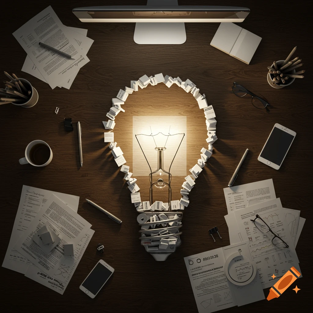 An overhead view of a wooden desk with office supplies, papers, and a computer, arranged to form a glowing lightbulb shape in the center.