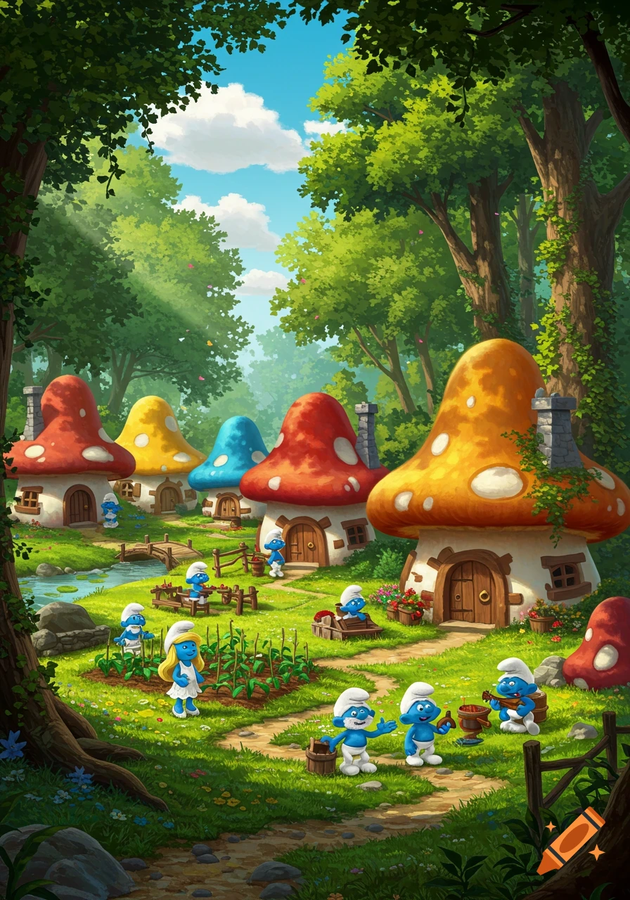 A vibrant cartoon village with colorful mushroom houses and numerous Smurfs engaged in daily activities in a lush forest.