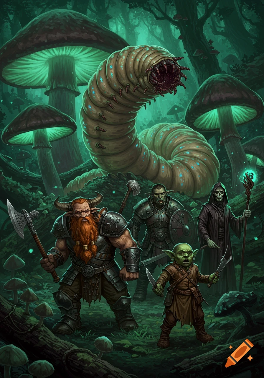 A dwarf, orc, goblin, and necromancer confront a giant segmented worm creature in a dark, glowing mushroom forest.