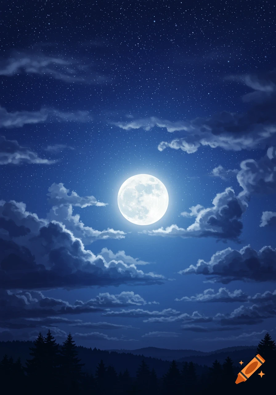 A full moon shines brightly in a blue starry night sky above a dark mountain landscape with clouds.