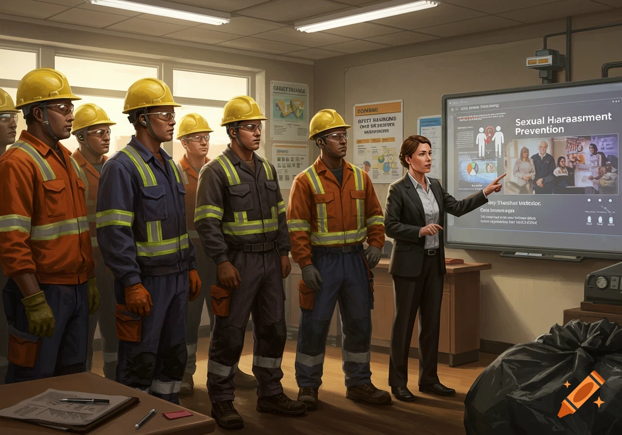 Photorealistic image of a diverse group of construction workers in hard hats attending a sexual harassment prevention training session, led by a female instructor pointing at a screen.