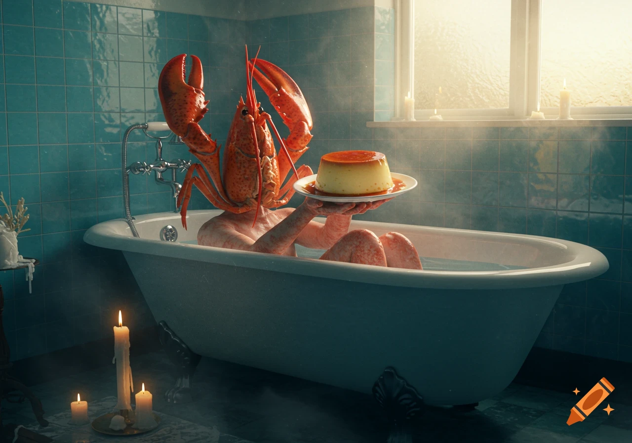 A photorealistic image of a human-like figure with a red lobster head sitting in a bathtub, holding a plate with a flan.