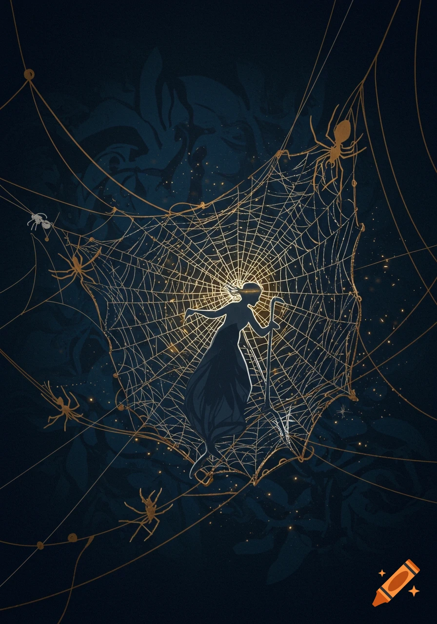 A dark silhouette of a woman standing within a glowing golden spiderweb with spiders against a deep blue, patterned background.