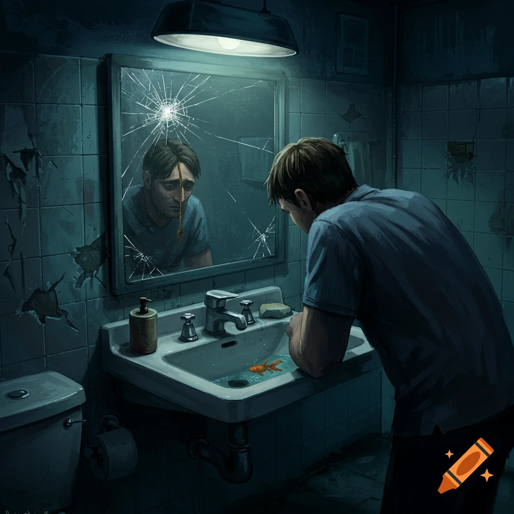 A man looks into a broken mirror in a dark bathroom. His reflection shows him with a rope around his neck. A goldfish swims in the sink.