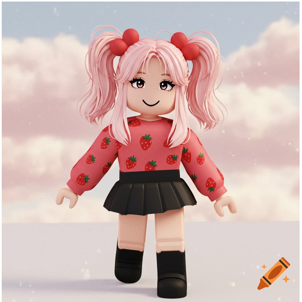 A cute Roblox-style girl avatar with pink pigtails and heart bows ...