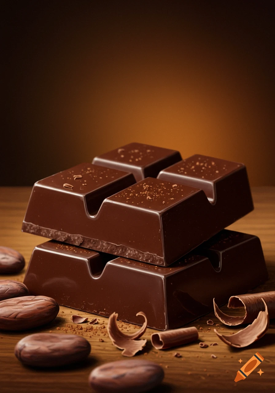 Two stacked dark chocolate bars with cocoa beans and shavings on a wooden surface.