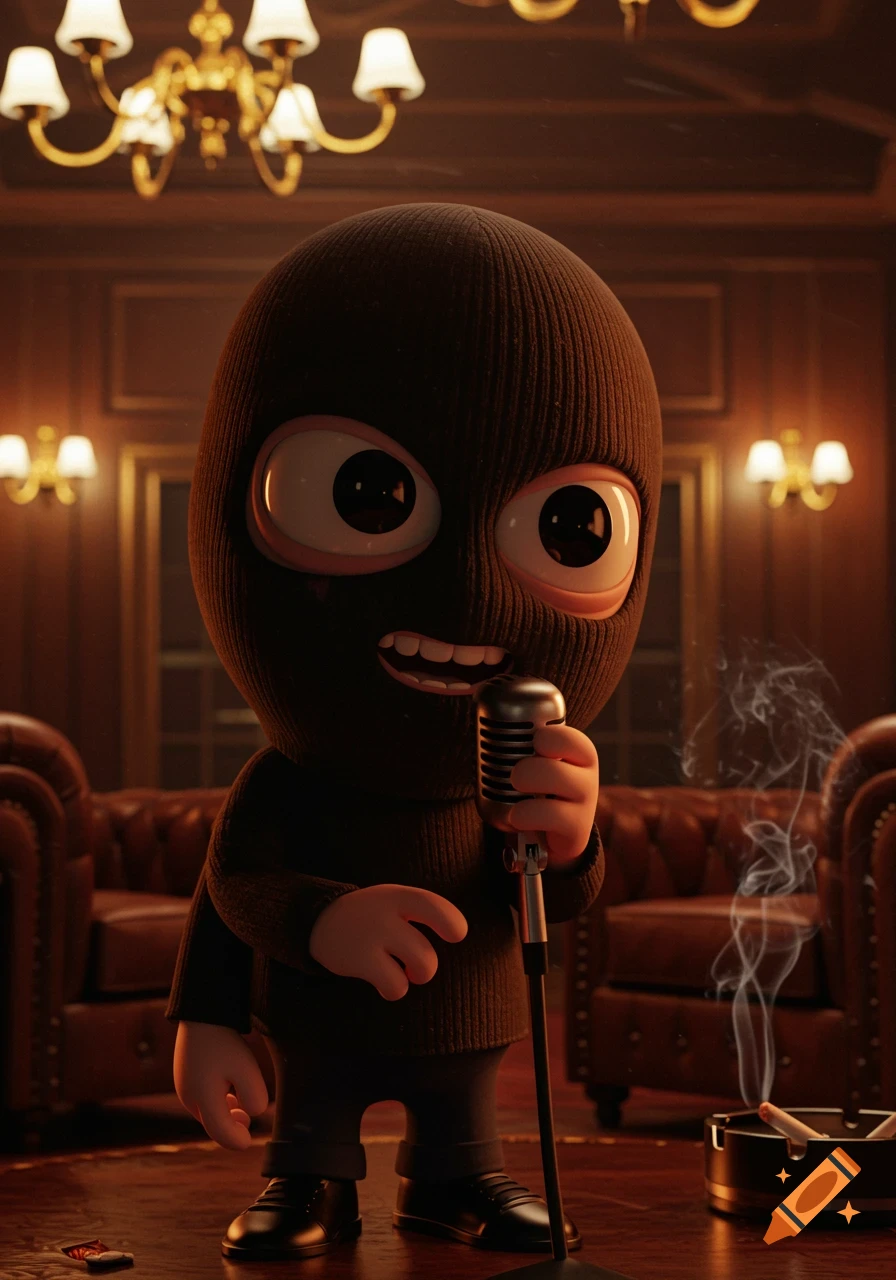 A cartoon character in a brown balaclava holds a vintage microphone in a dim, luxurious lounge with leather chairs and a chandelier.