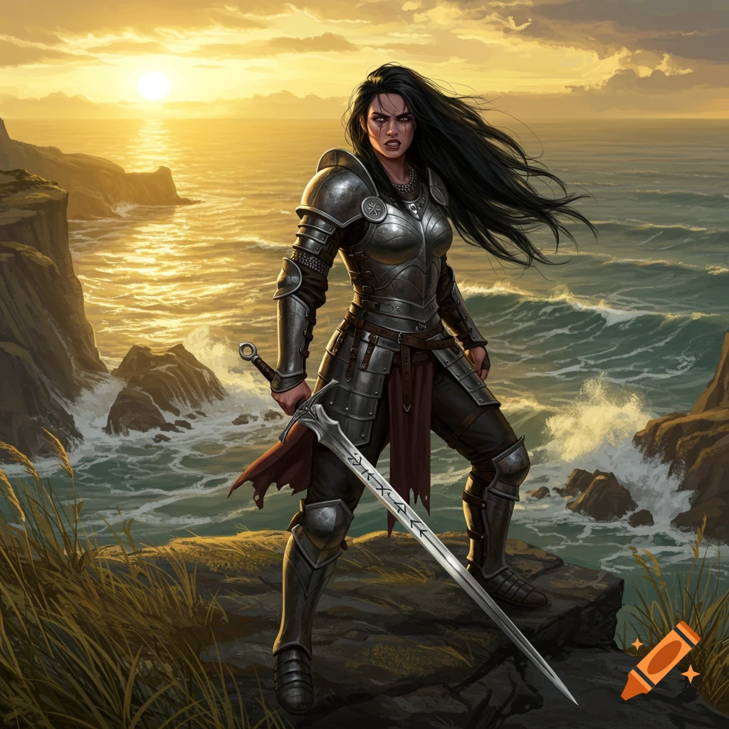 A defiant female warrior in armor stands on a rocky cliff overlooking a turbulent ocean at sunset, holding a sword.