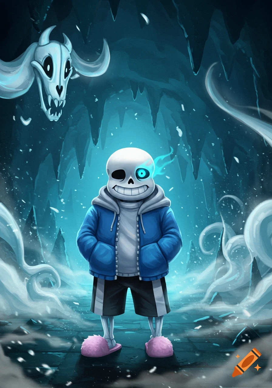 Cartoon character Sans from Undertale, a skeleton in a blue hoodie, stands in a glowing icy cave with a floating skull.