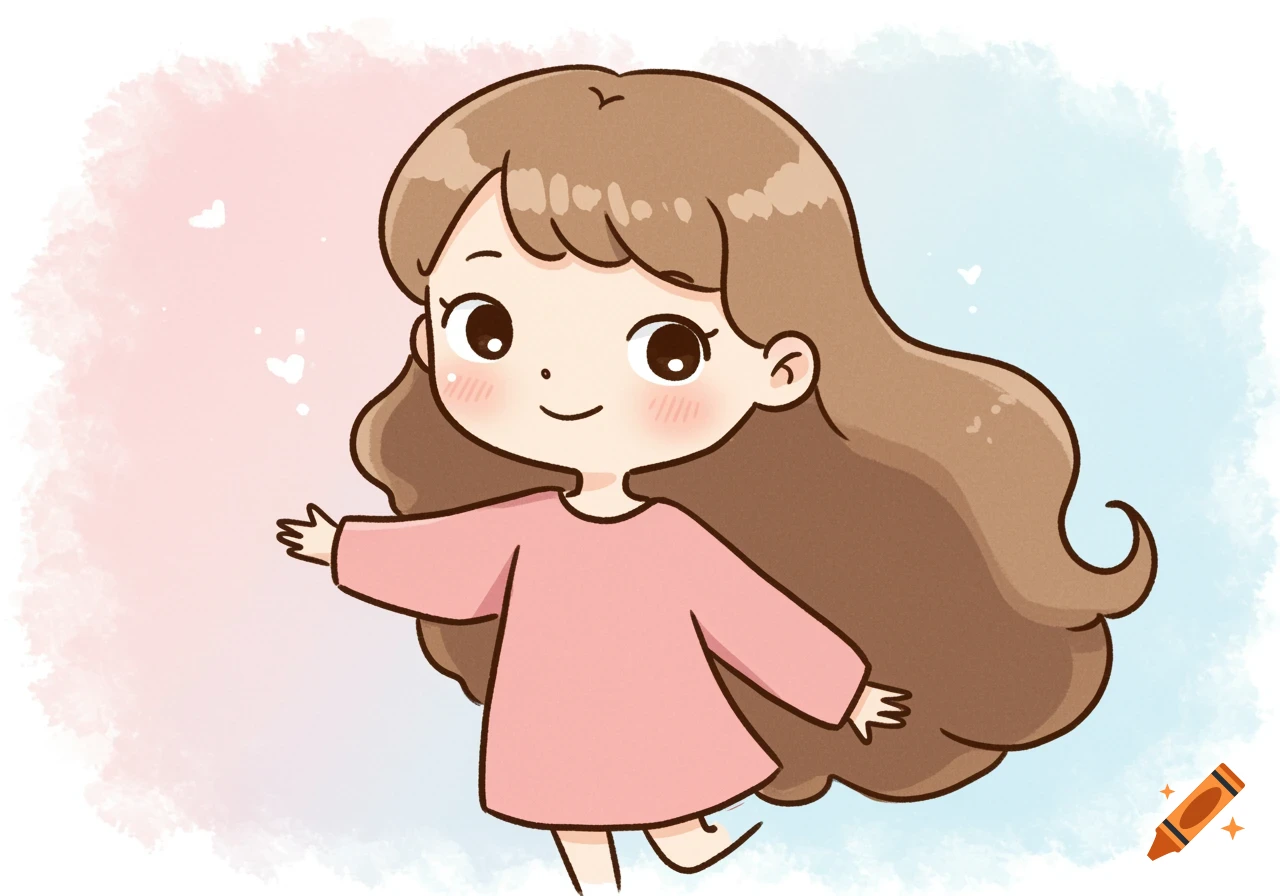 A cute cartoon girl with long wavy brown hair, a pink dress, and rosy cheeks smiles, standing against a soft pink and blue background.
