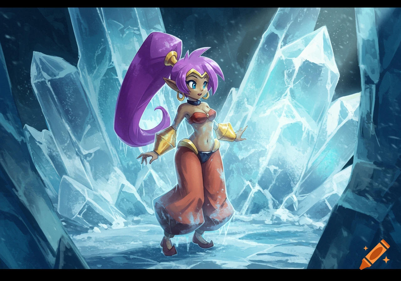 Cartoon of Shantae, a purple-haired genie in her signature outfit, standing in an ice cave surrounded by large blue crystals.