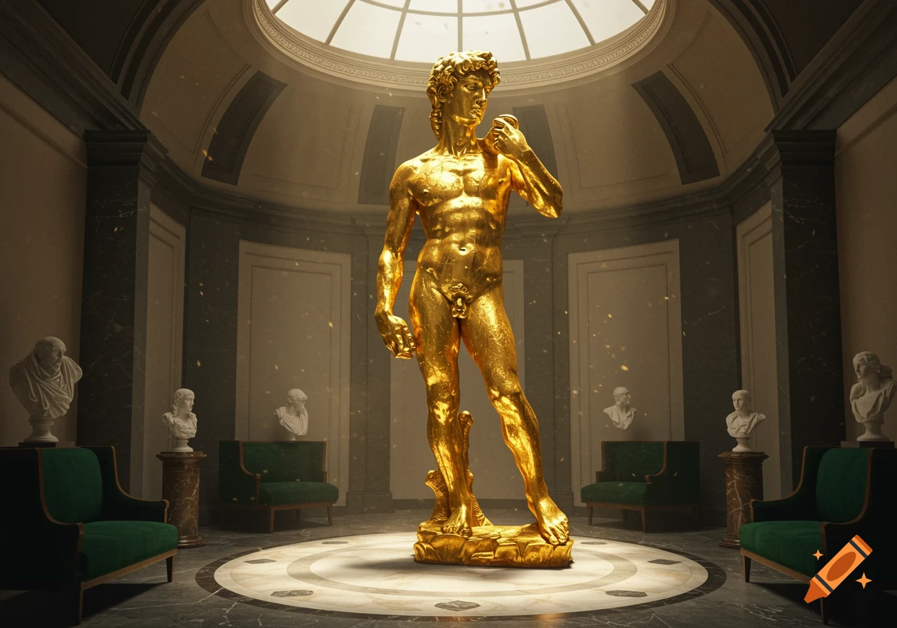 A majestic golden statue of Michelangelo's David stands in the center of a grand museum gallery, illuminated by a skylight.