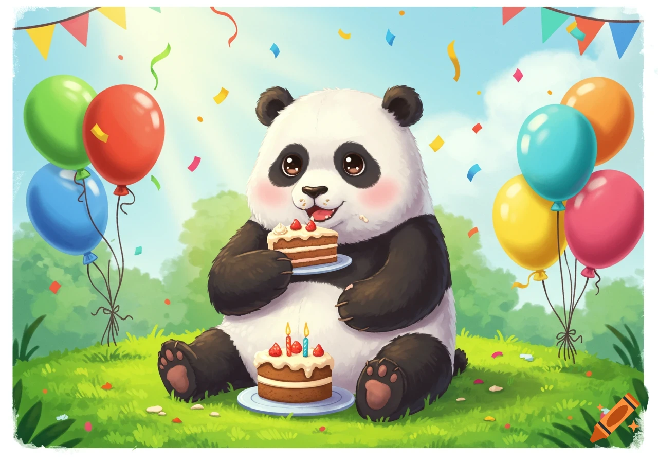 A cute cartoon panda sits on grass, happily eating birthday cake with frosting on its nose, surrounded by colorful balloons and confetti.