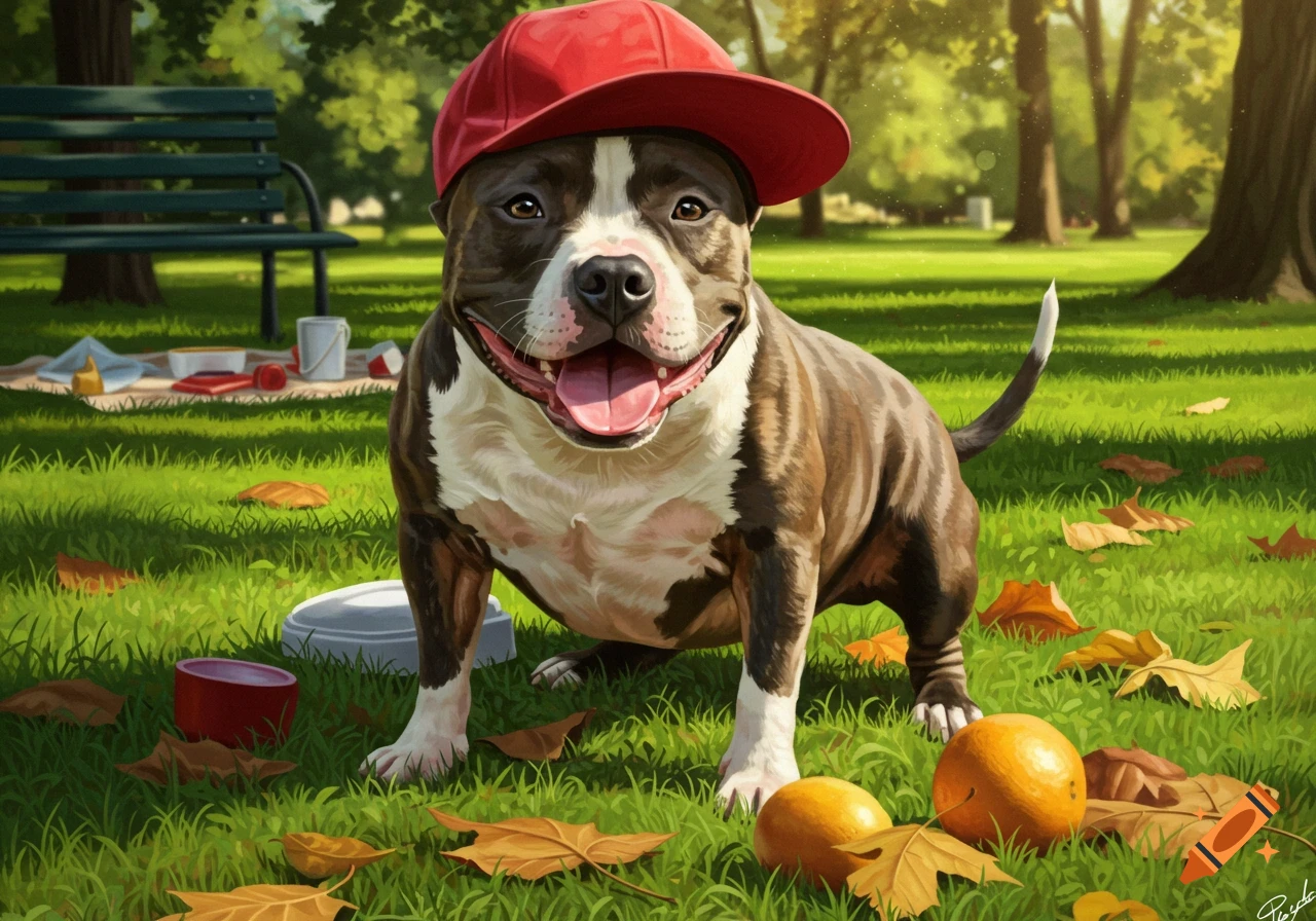 A cute brown and white pitbull wearing a red baseball hat smiles happily in a sunny park with scattered autumn leaves.