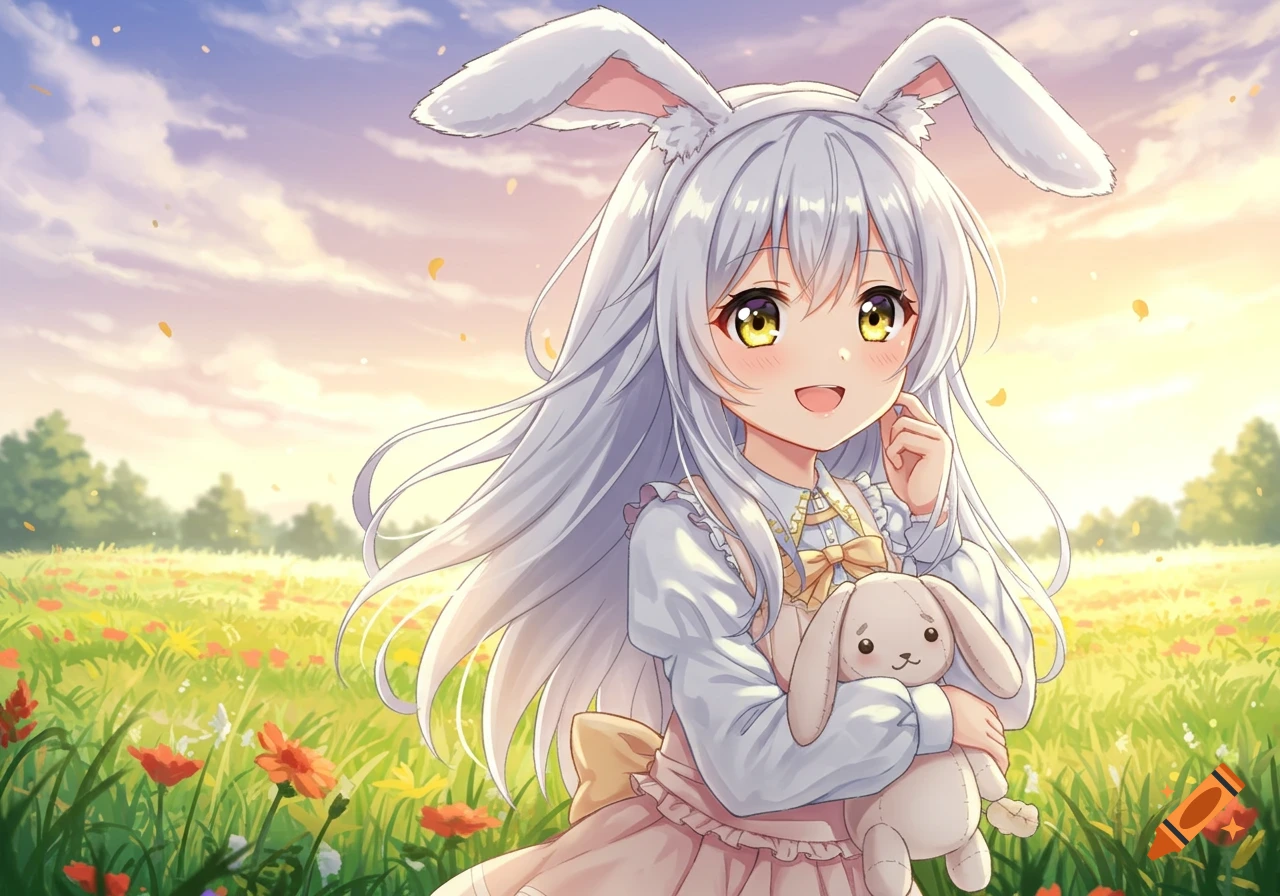 A cheerful anime girl with white hair and bunny ears holds a plush bunny in a vibrant field with flowers under a sunny sky.