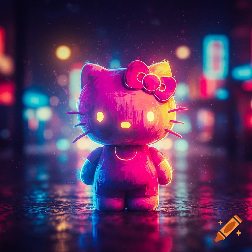 A Hello Kitty character in a neon, impressionistic style, standing on a reflective surface with a blurry city background at night.