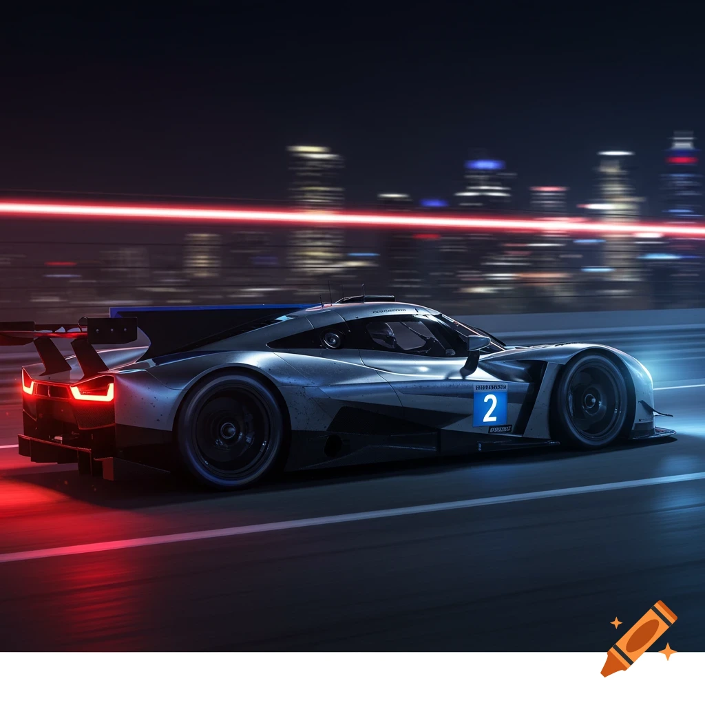 A sleek silver and blue LMP race car with a red taillight streak speeds along a highway at night, with a blurred cityscape in the background.