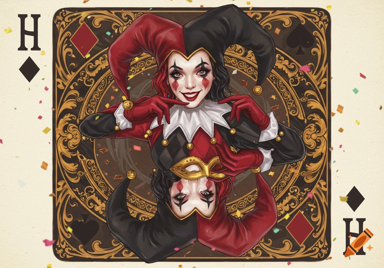 Illustrated playing card featuring a female harlequin in red and black with a jester hat and gold ornate borders.