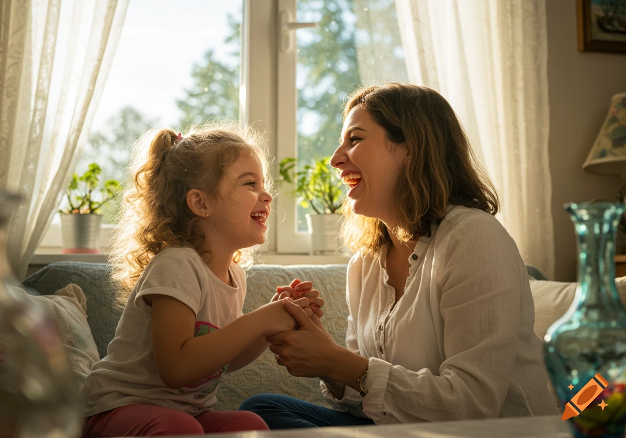 A mother and daughter joyfully laughing and holding hands in a sunlit room.