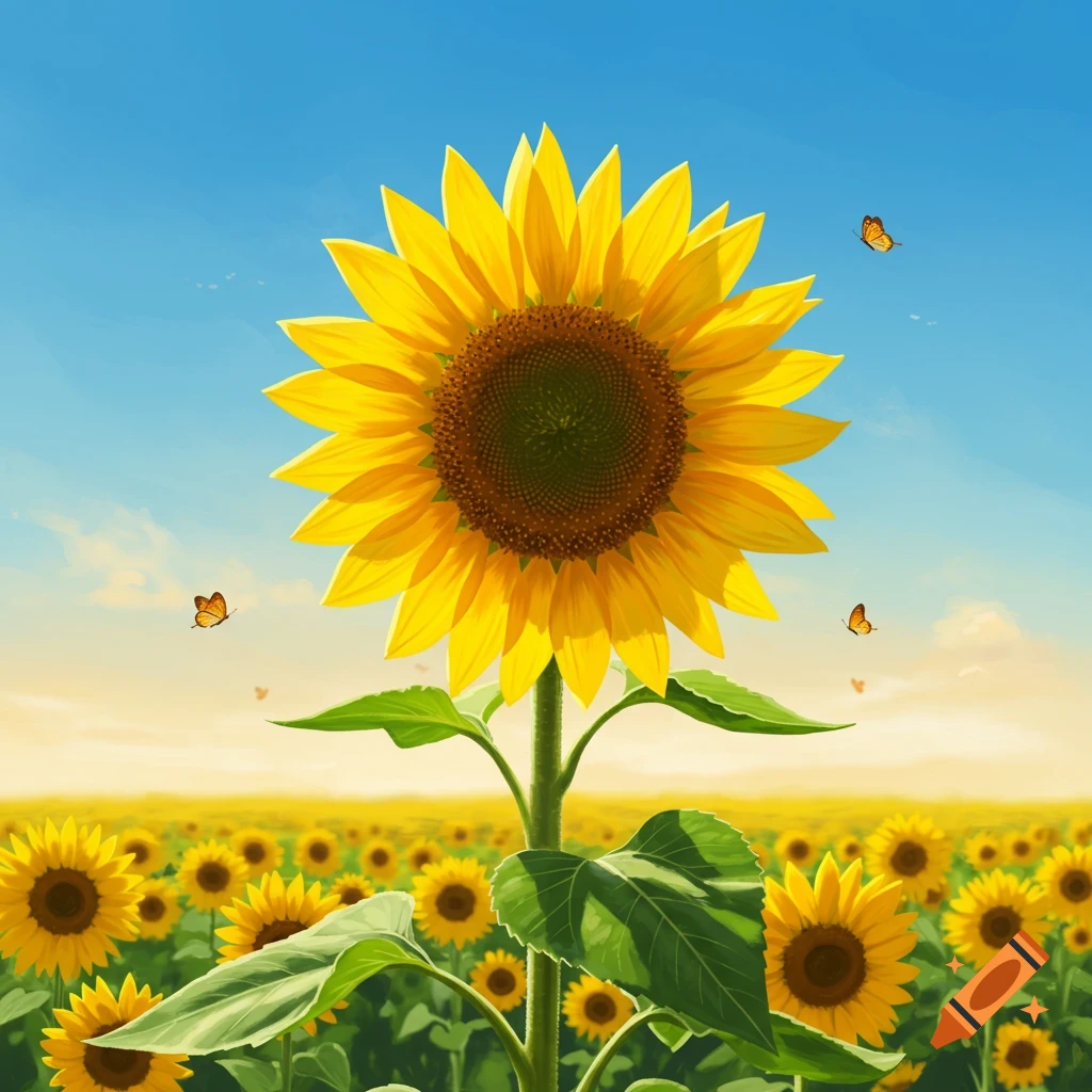 A vibrant field of sunflowers under a bright blue sky with butterflies. A large sunflower dominates the foreground.