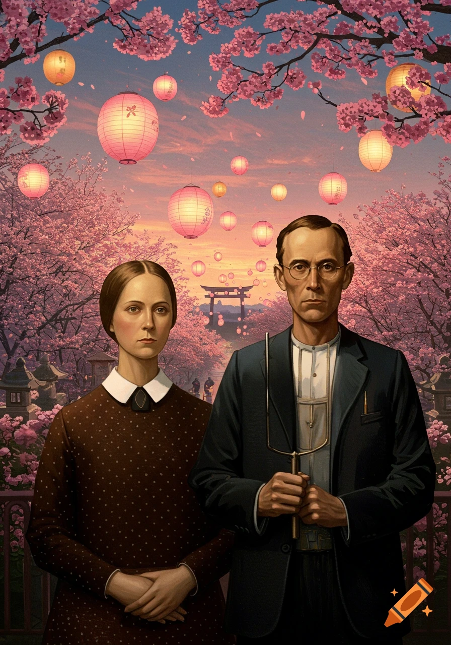 A stylized painting of a solemn man and woman, resembling American Gothic, standing in a vibrant Japanese garden with cherry blossoms, paper lanterns, and a distant torii gate under a sunset sky.
