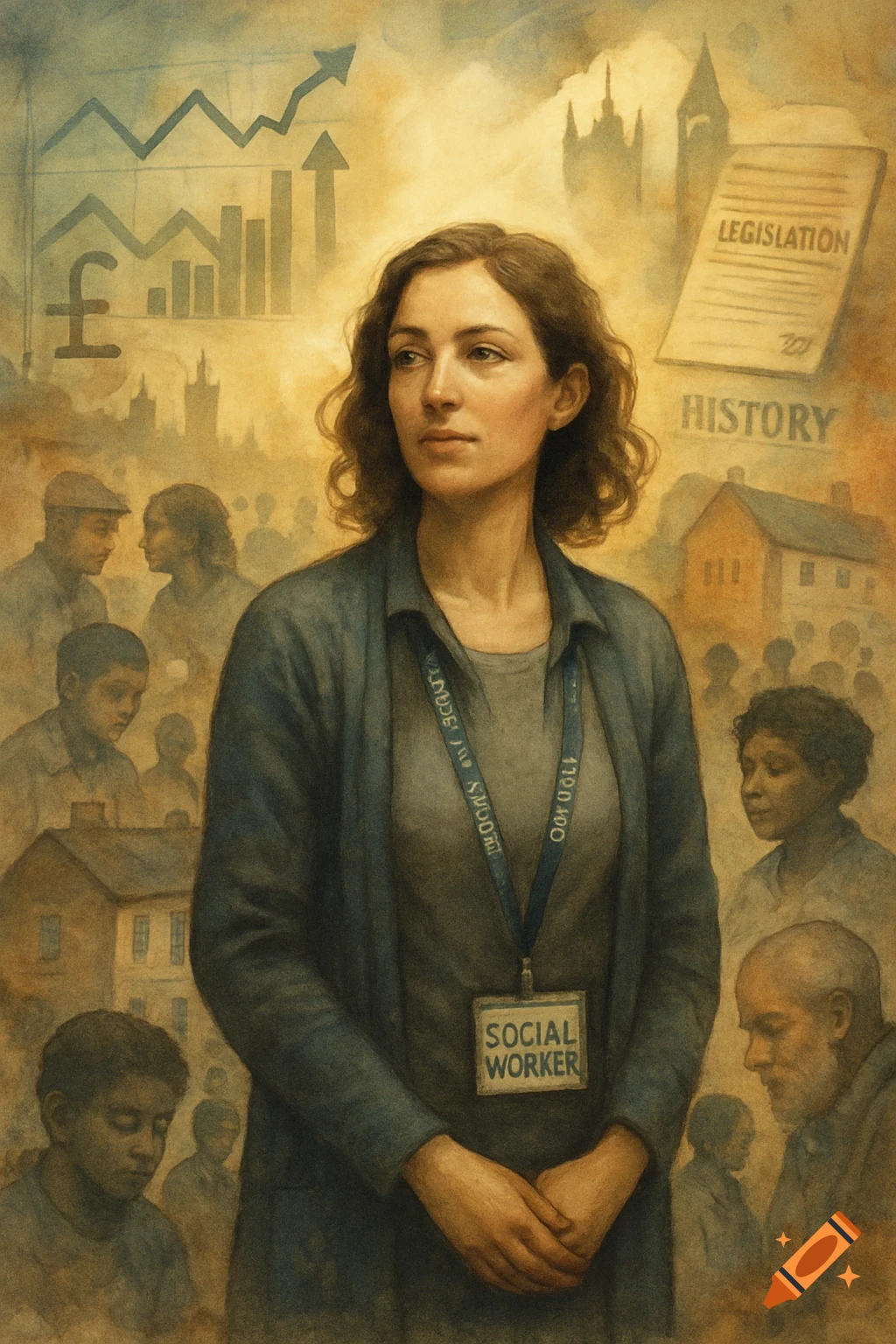 Watercolor illustration of a social worker with historical and economic elements in the background, including a graph and pound symbol.