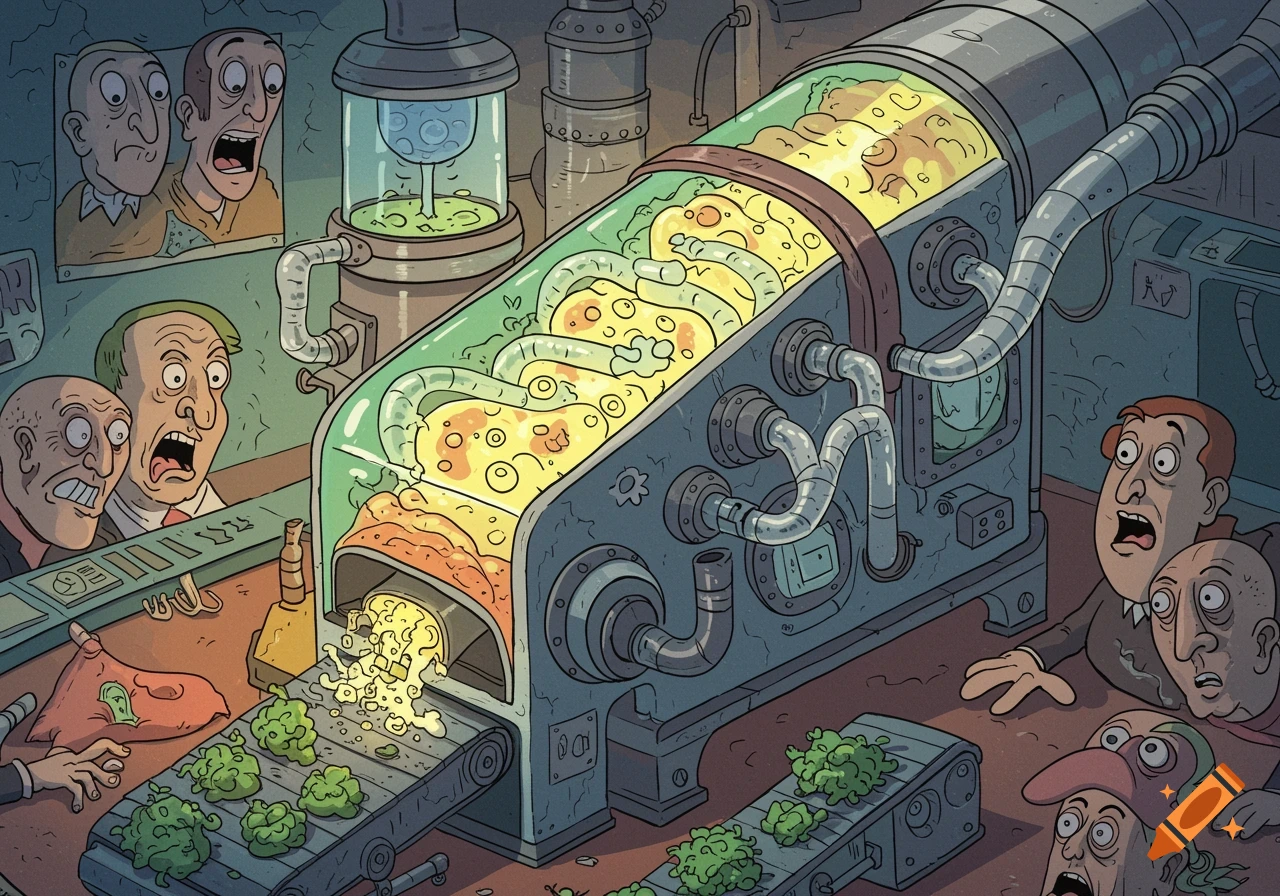 A cartoon illustration shows a large, clear machine in a factory setting, processing a yellow bubbly substance that turns into green lumpy outputs on a conveyor belt. Several wide-eyed, expressive men observe the process with shocked and amazed expressions.