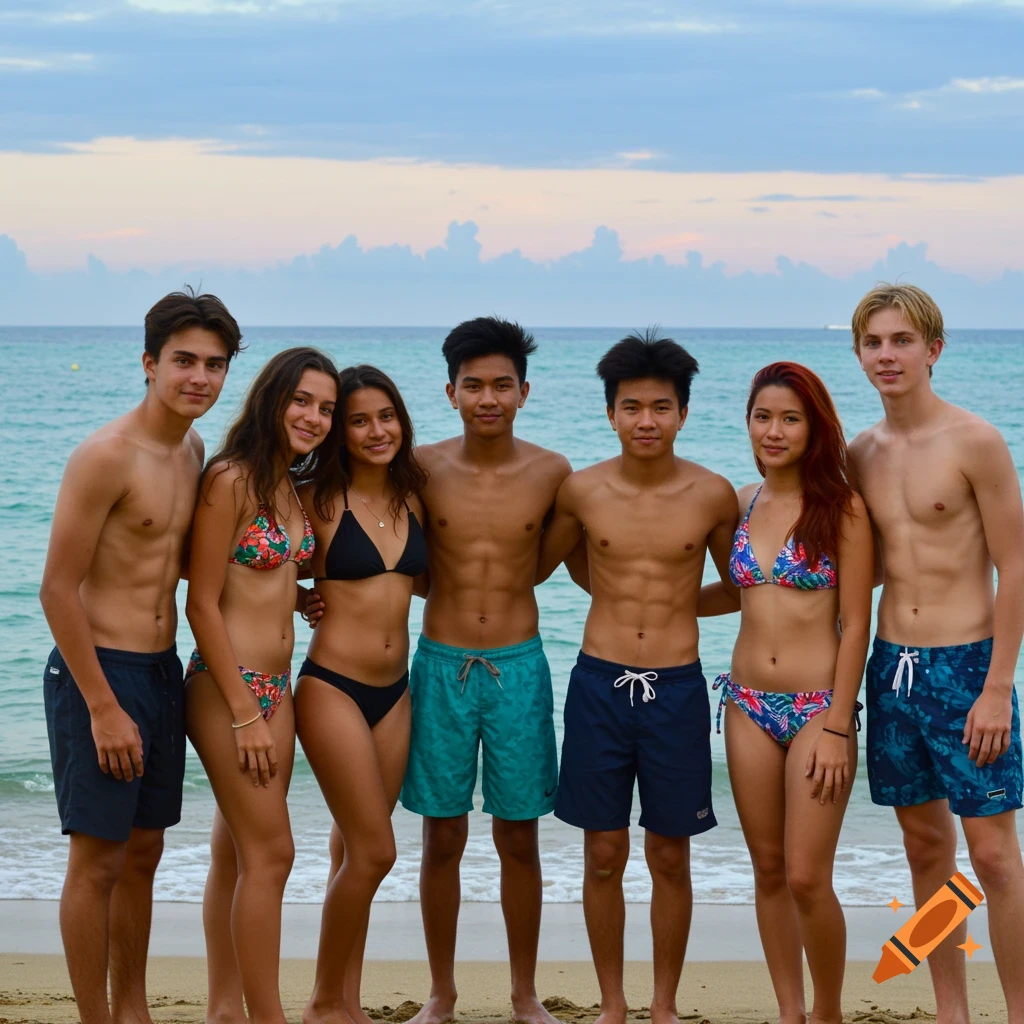 Six teenagers in swimwear stand on a sandy beach with the ocean and a cloudy sky in the background.