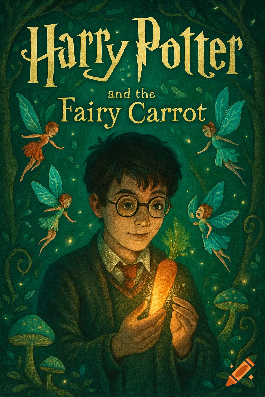 A book cover for 'Harry Potter and the Fairy Carrot' featuring Harry Potter holding a glowing carrot, surrounded by fairies in a magical forest.