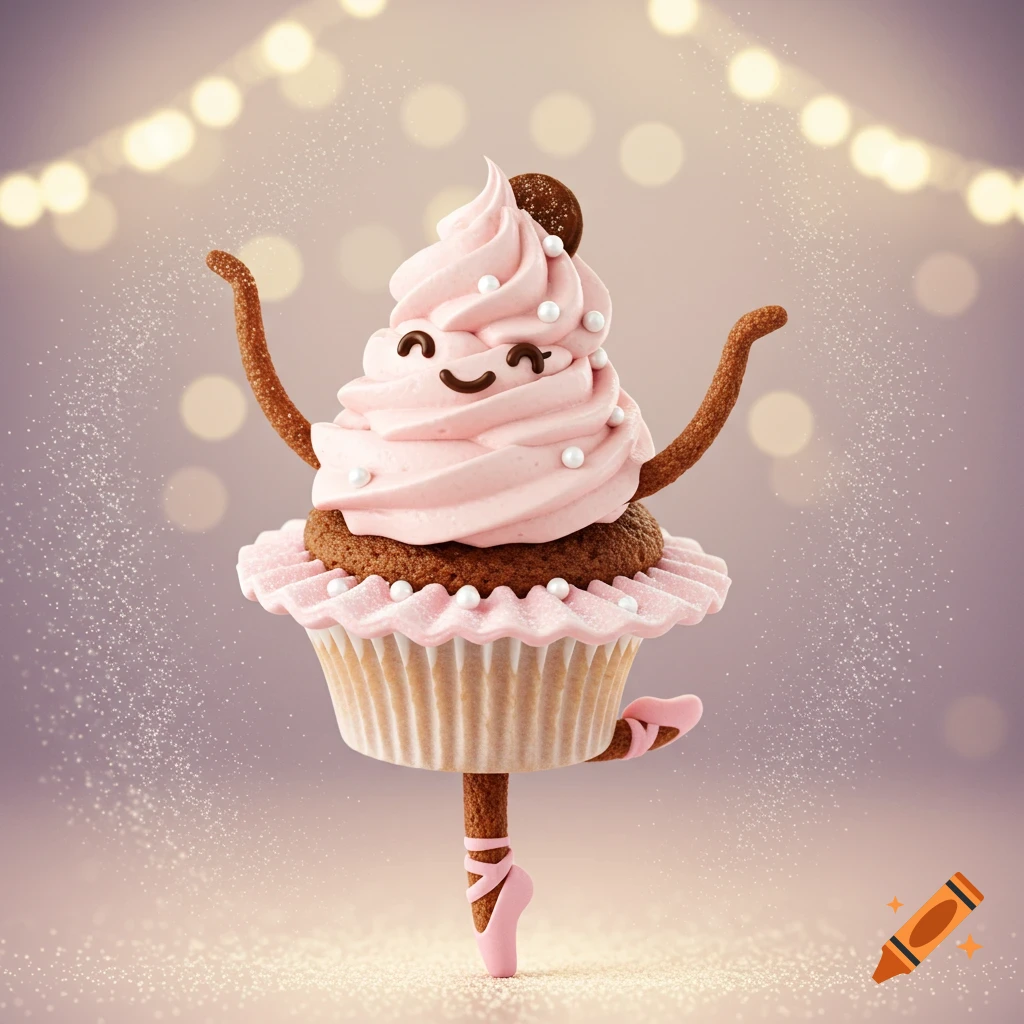 A cute cupcake ballerina with pink frosting and sprinkles, wearing pink ballet shoes, stands on one leg amidst sparkling glitter and bokeh lights.