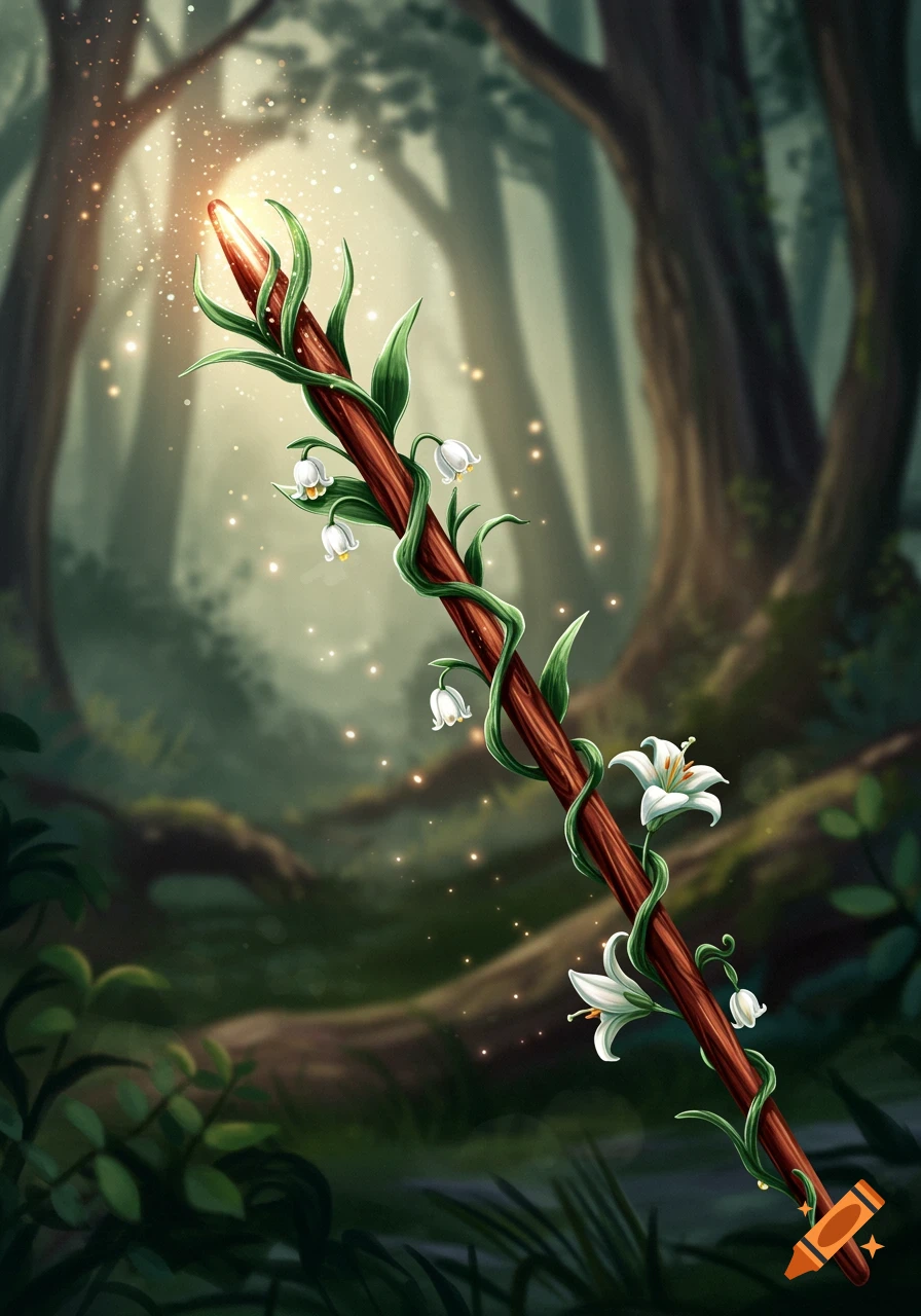 A glowing magical wooden staff wrapped with vines and white lily flowers stands in a mystical, sun-dappled forest.