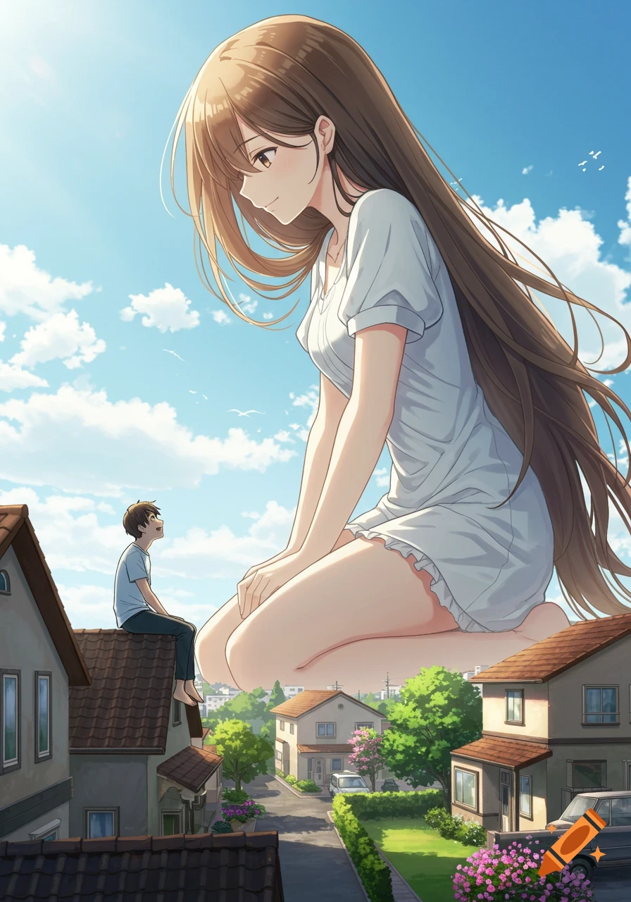 An anime-style giantess with long brown hair kneels over a town, looking down at a small man on a roof who gazes up at her.