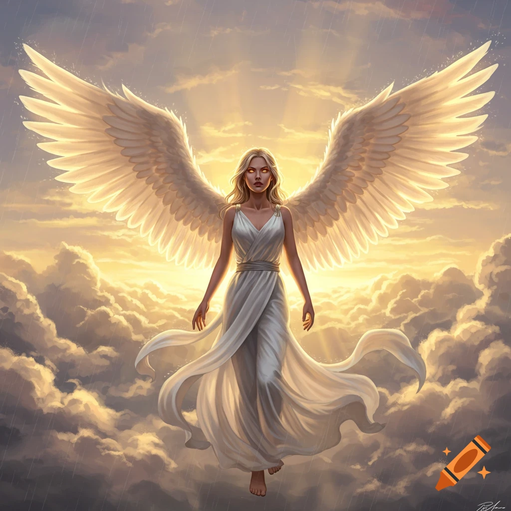 A blonde angel woman with large white wings floats above clouds at sunset, with golden light radiating behind her.