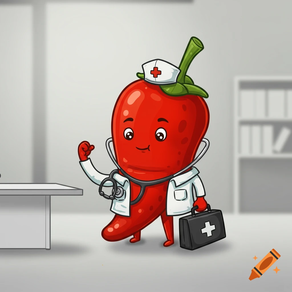 A cartoon chili pepper character dressed as a doctor, holding a medical bag and wearing a nurse's hat and stethoscope, stands in a blurred room.