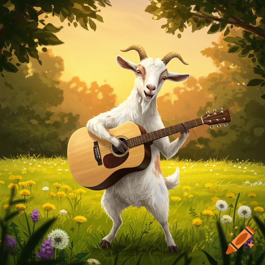 An illustrated goat stands in a sunny field, happily playing an acoustic guitar.