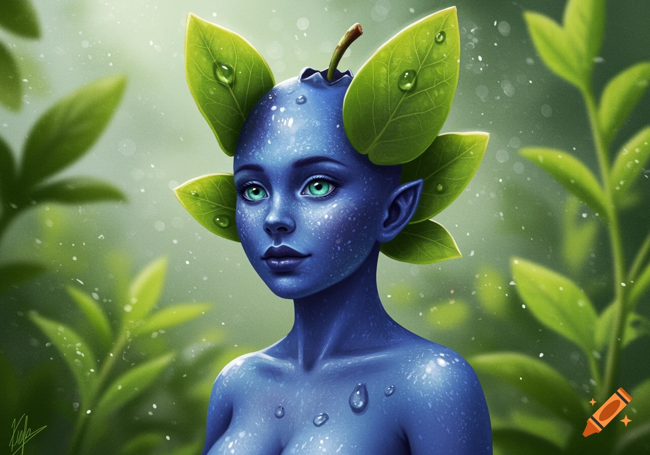 Close-up of a blue-skinned fantasy character with large green eyes, leaves on her head, and water droplets on her skin, set against a blurred green natural background.