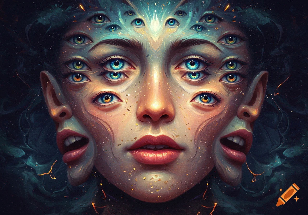 Abstract portrait of a face with multiple blue and orange eyes and two mouths, surrounded by sparkling effects.