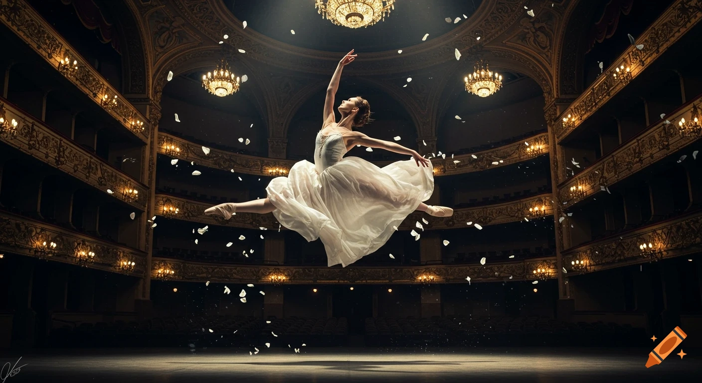 A ballerina in a white tutu leaps gracefully in a grand, ornate classical theater under spotlights with falling petals.
