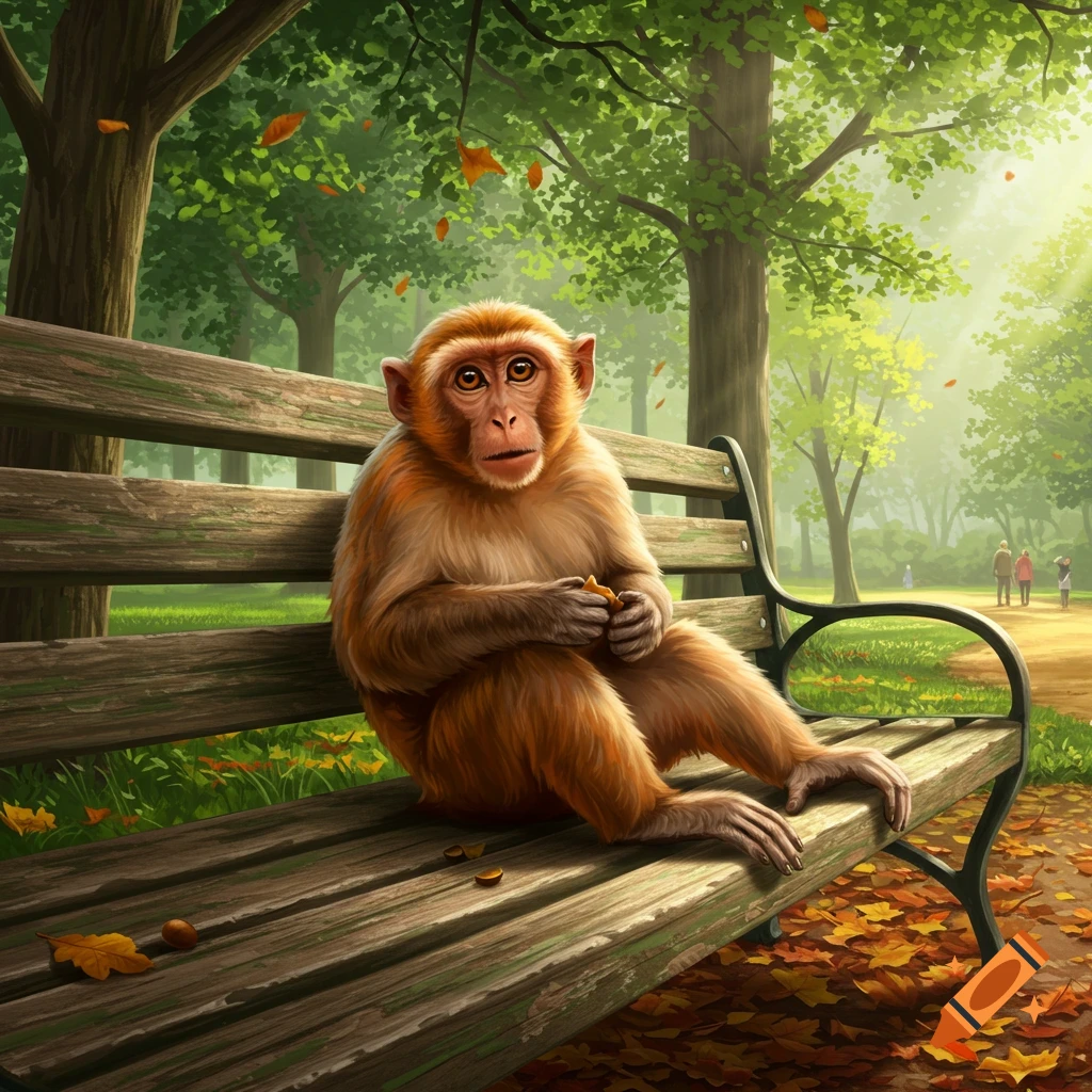 A monkey sits on a wooden park bench, holding something small, surrounded by green trees and fallen autumn leaves.