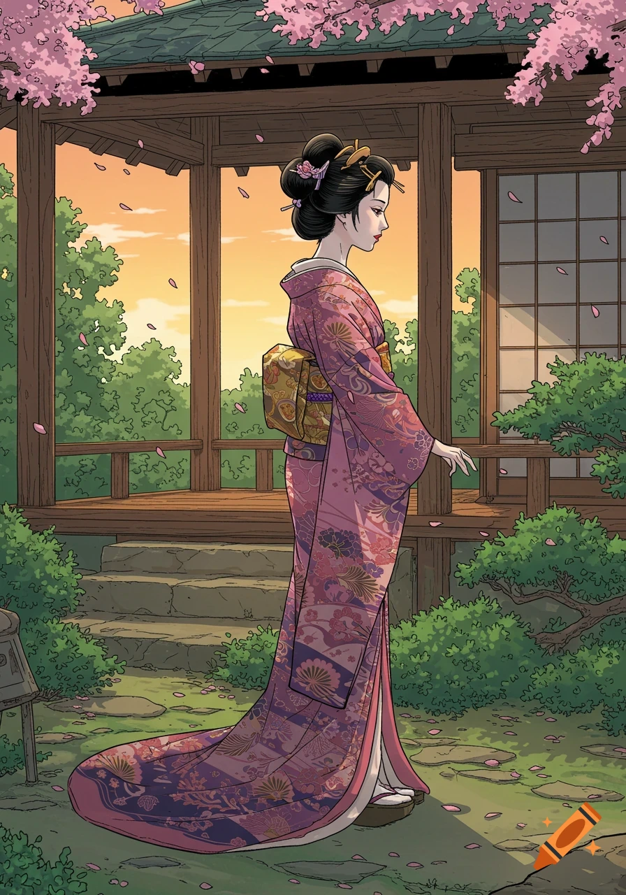 A Japanese woman in a vibrant pink and purple kimono stands in a traditional garden with cherry blossoms, in a comic art style.