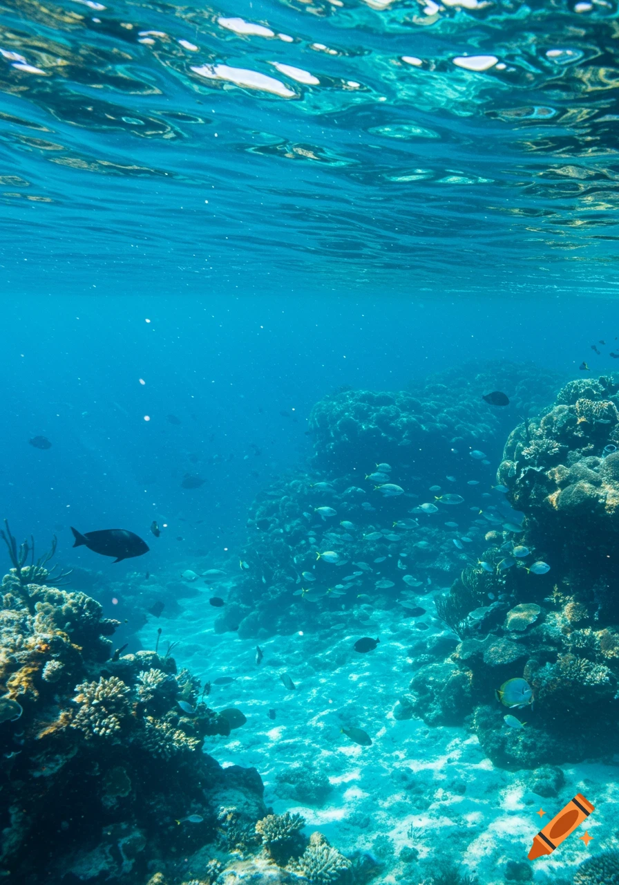 A vibrant underwater scene with sunlit coral reefs and schools of fish, with the rippling water surface visible above.