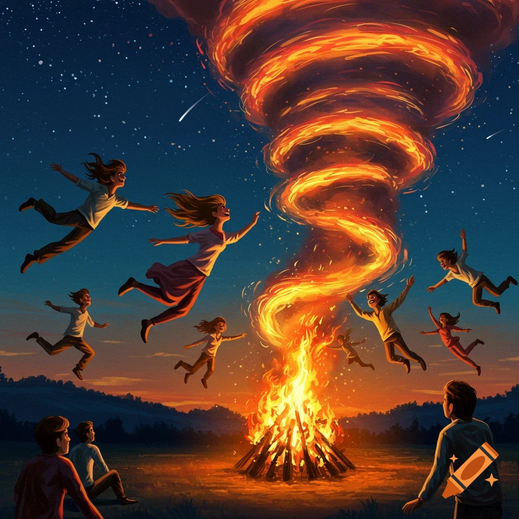Illustrated scene of young people flying around a bonfire with a swirling fire tornado at night under a starry sky.