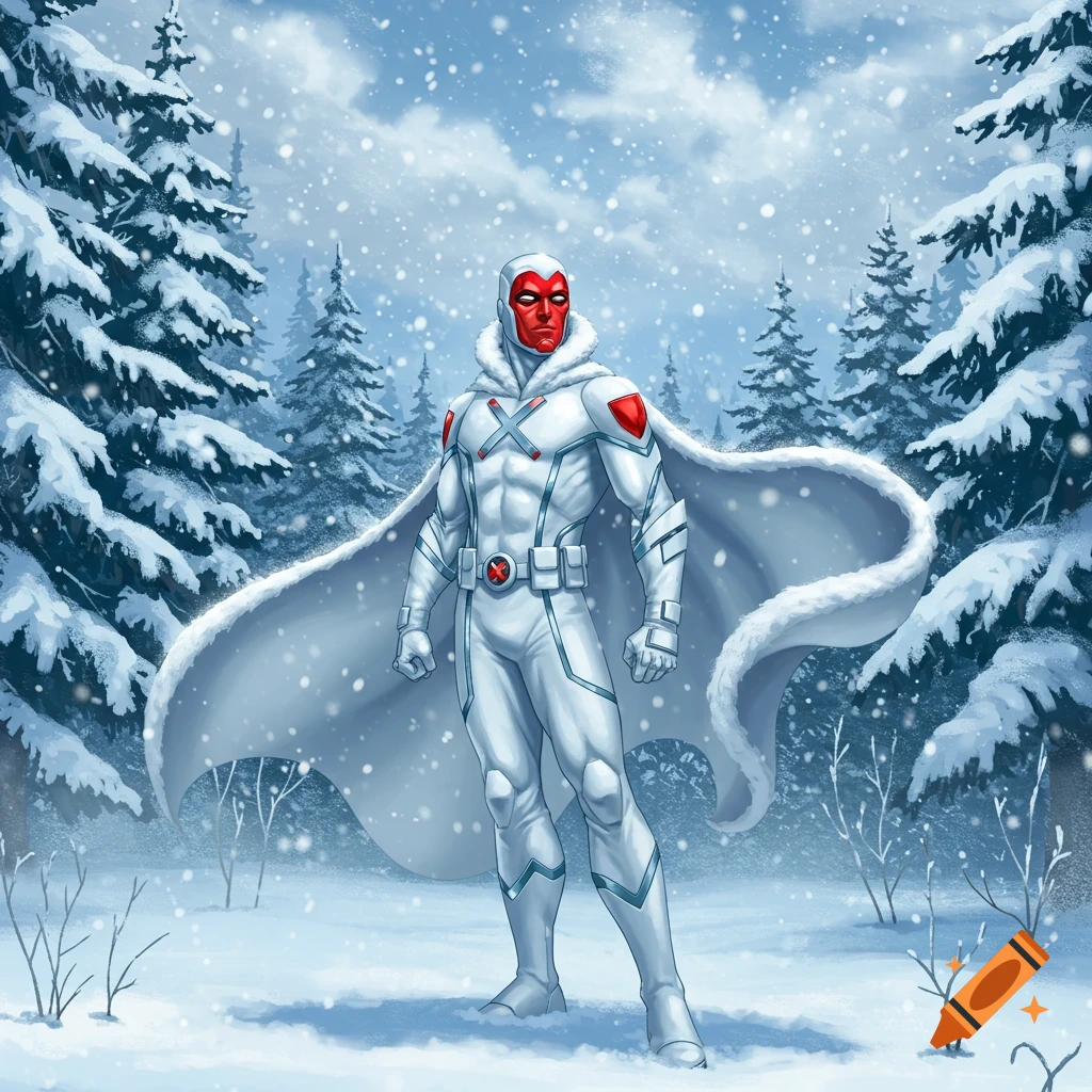 A white-suited superhero with a red mask and X symbols stands in a snowy forest, comic book art style.