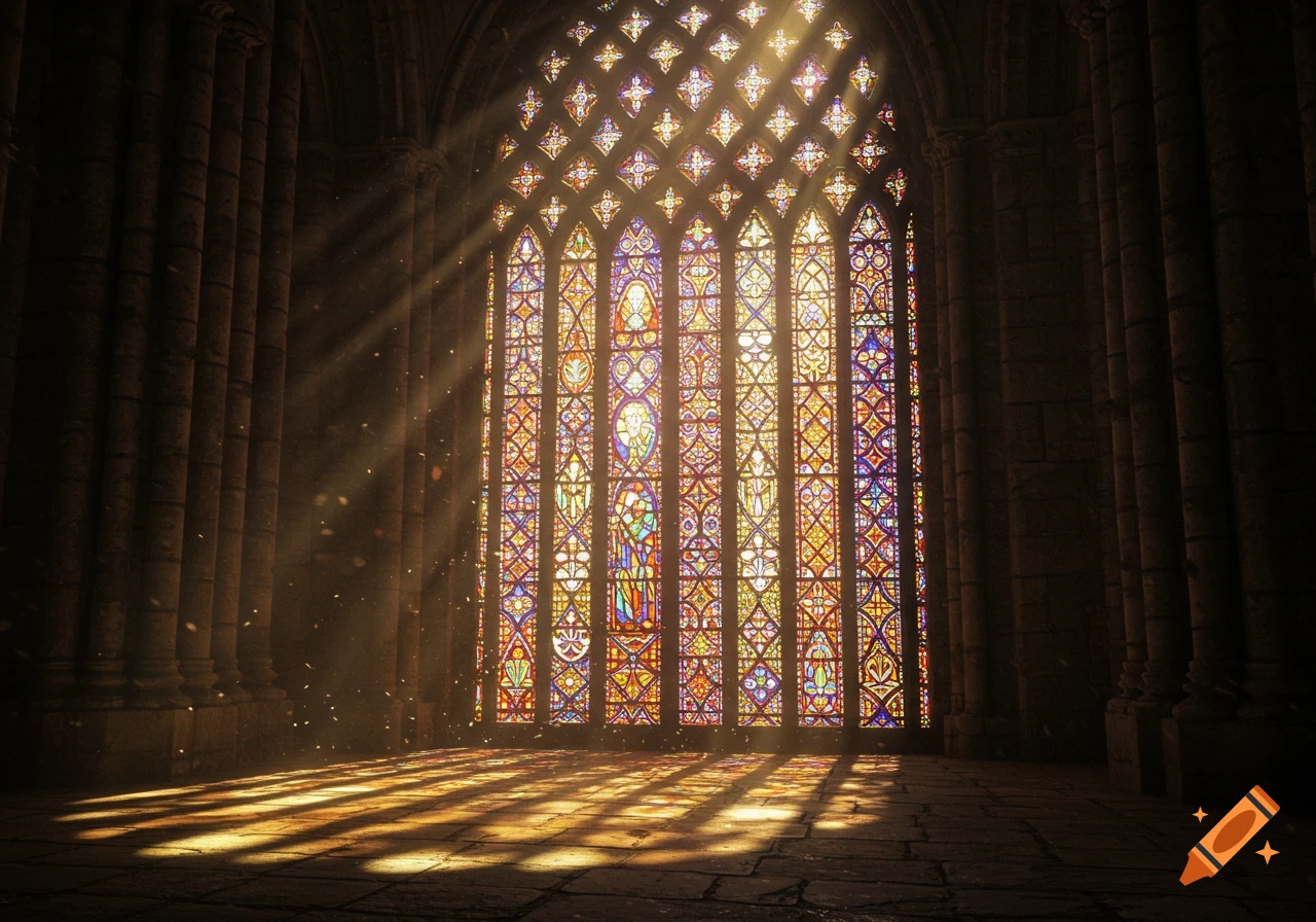 Sunlight streams through a tall, colorful stained glass window in a dark, majestic church interior.