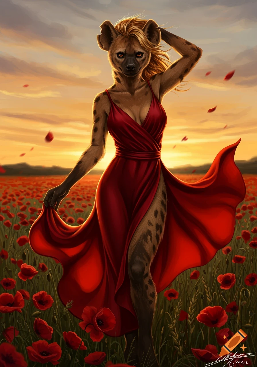 An anthropomorphic hyena woman in a flowing red dress stands in a vibrant field of red poppies at sunset. Digital painting style.
