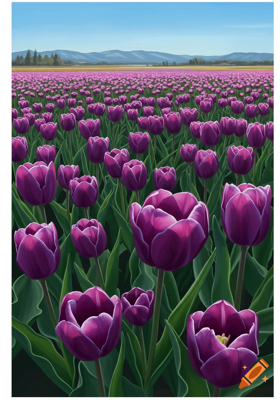 A vibrant field of purple tulips extends into the distance under a clear blue sky, with mountains on the horizon.