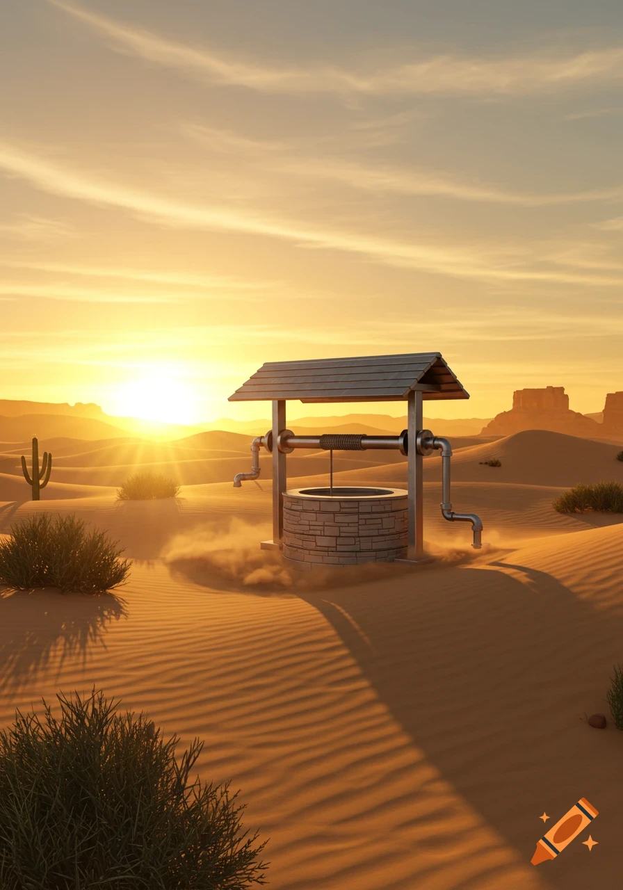 A photorealistic rendering of a well in a desert at sunset, with sand dunes and distant mountains under a warm sky.