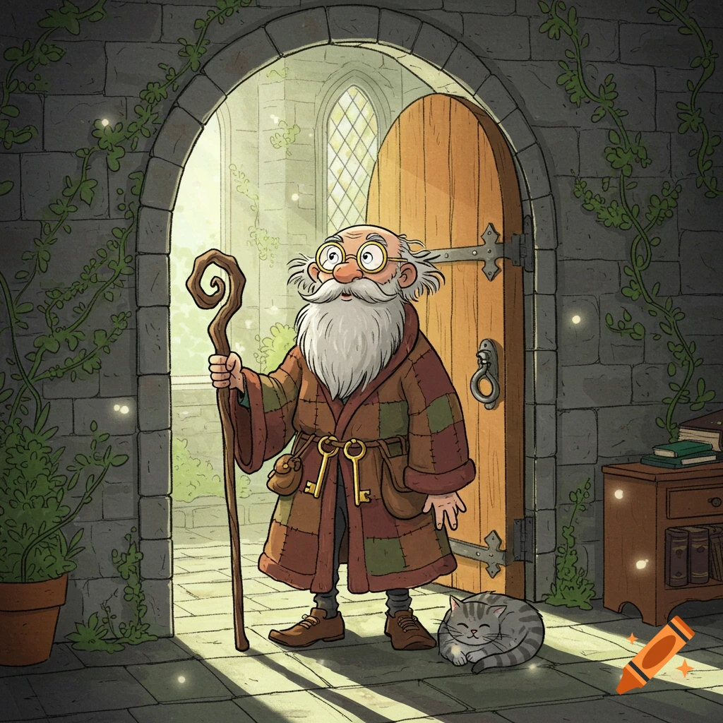 An old cartoon wizard with a long white beard and a staff stands in a stone castle doorway with a sleeping striped cat on the floor.